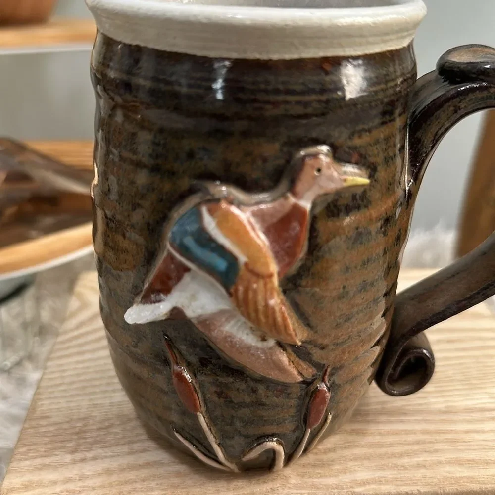 Handmade Mallard & Cattails Pottery Stoneware Coffee Tea Mug‎ Artist Stamped